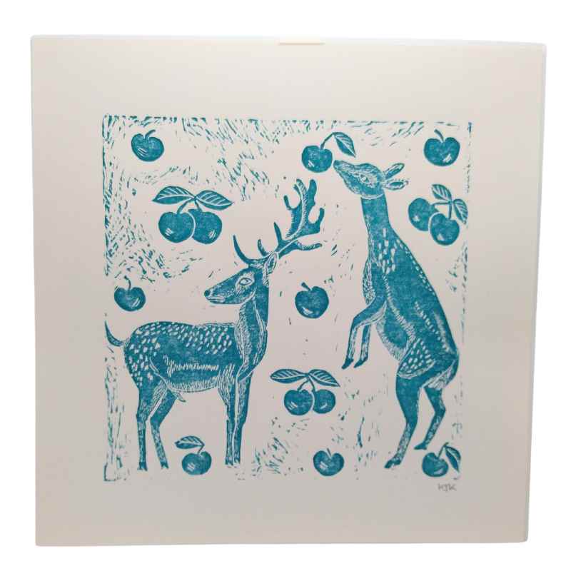 Deer and apples Lino Print