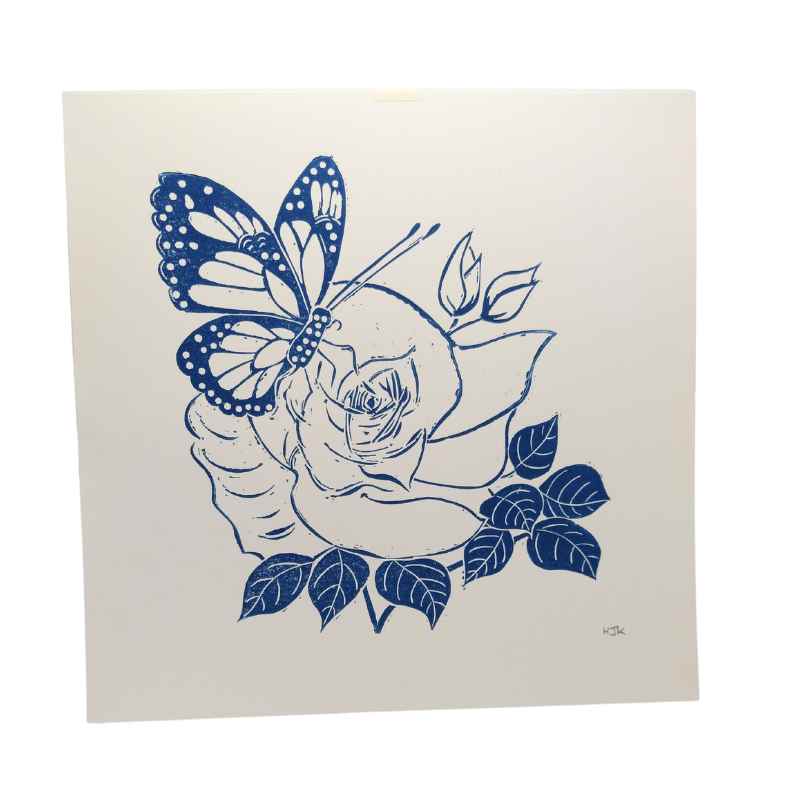 Butterfly and rose, original One colour Lino Cut